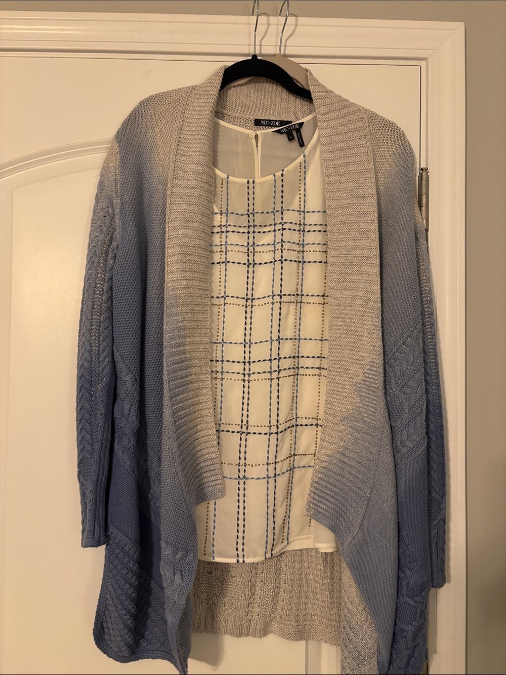 NIC+ZOE Blue and Cream Open-Front Knit Cardigan